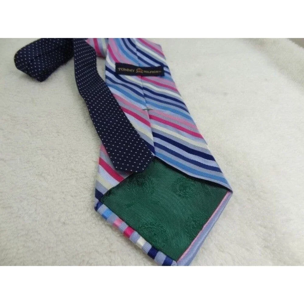 Tommy Hilfiger Necktie USA Made Silk Pink Blue Striped & Preppy Pattern